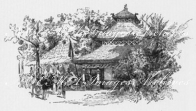 Le kampong javanais à l'exposition universelle. : La Buvette. (Construite sur le modèle des pagodes javanaises.) ジャワ島の集落 ジャワ風寺院につくられた軽食堂