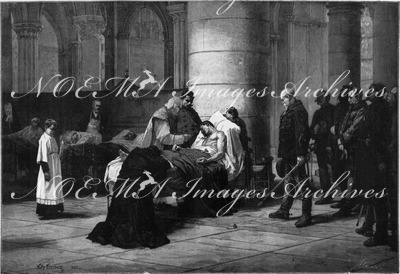 "Les Beaux-Arts â l'Exposition universelle. - Section suédoise : 《La Mort d'un hero》, tableau de M. Nils Forsberg." 芸術部門スウェーデン・コーナー 「英雄の死」、ニルス・フォルスベルグ画