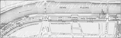 "Plan des installations du quai, entre le Champ de Mars et l'Esplanade des Invalides." シャン・ド・マルス会場とアンヴァリッド会場を結ぶセーヌ河沿いの展示館図