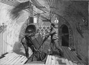 La fontaine lumineuse de l'exposition universelle. : Fig. 1. - La manœuvre des glaces colorées dans les sous-sols de la fontaine. イルミネーション噴水 図1. 噴水の下の地下室での色付きの板ガラスの操作