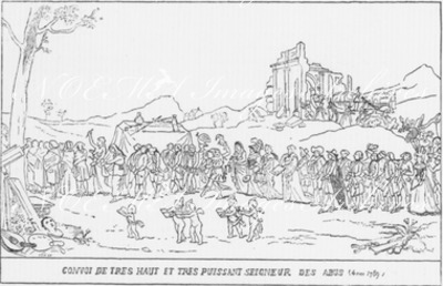 Caricature faite en 1789 a l'occasion de la Procession des Etats généraux. (Gravure extraite de l'Histoire d'un Siècle.) 1789年、全国三部会の行列を描いた漫画 (100年の歴史からの抜粋)