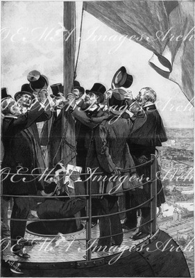 Le couronnement de la Tour Eiffel. - M. Eiffel arborant le drapeau tricolore au sommet de la Tour. エッフェル塔の戴冠 塔のてっぺんにフランス三色旗を掲げるエッフェル氏