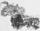 Les travaux du Champ de Mars. : Entrée des Beaux-Arts. (Section anglaise).  Les travaux de la fontaine monumentale au jardin du champ de Mars. シャン・ド・マルス会場の建設現場 芸術館への入り口（英国コーナー） シャン・ド・マルス会場庭園の万博記念噴水の土木工事