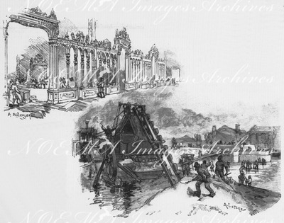 Les travaux du Champ de Mars. : Entrée des Beaux-Arts. (Section anglaise).  Les travaux de la fontaine monumentale au jardin du champ de Mars. シャン・ド・マルス会場の建設現場 芸術館への入り口（英国コーナー） シャン・ド・マルス会場庭園の万博記念噴水の土木工事