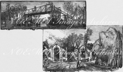 Les travaux du Champ de Mars. : La passerelle.   Entrées principales de l'exposition d'agriculture. シャン・ド・マルス会場の建設現場 歩道橋 農業展示会場への正面入り口