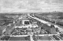 L'Exposition de Paris. - Supplément au N°6.  L'exposition universelle de 1889. - Aspect de la place du carrousel avec le jardin projete sur l'emplacement des Tuileries. パリ万博 付録 6. チュイルリー宮殿の敷地に計画された庭園とあわせてカルーゼル広場を臨む