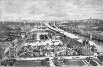 L'Exposition de Paris. - Supplément au N°6.  L'exposition universelle de 1889. - Aspect de la place du carrousel avec le jardin projete sur l'emplacement des Tuileries. パリ万博 付録 6. チュイルリー宮殿の敷地に計画された庭園とあわせてカルーゼル広場を臨む