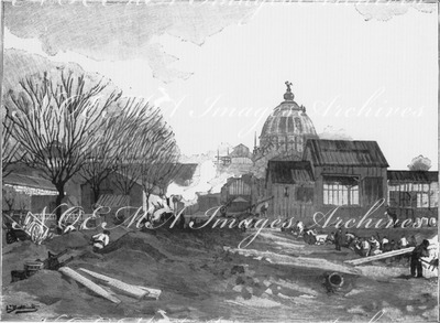 Les travaux du Champ de Mars. - Les terrassements sur l'emplacement de la fontaine monumentale. シャン・ド・マルス会場の建設現場 万博記念噴水用地の造成