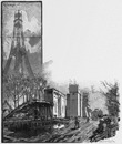 "Les travaux de l'exposition : La cité des habitations humaines, restituées par M. Charles Garnier." 建設現場 シャルル・ガルニエによって復元された人類の住居地区