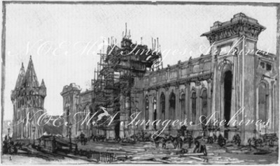 Les travaux de l'exposition universelle de 1889. - Pavillons des Colonies a l'Esplanade des Invalides. : 1. L'Exposition du Ministère de la Guerre. - 2. Le Palais de l'Algérie. アンヴァリッド会場の各植民地パヴィリオンの建設現場 1. 軍需省展示館  2. アルジェリア館