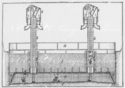 "Coupe d'un caisson à béton pour les assises des fondations de la tour Eiffel. エッフェル塔の基礎工事のためのコンクリートのケーソンの断面図
