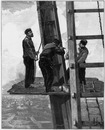 Les travaux de la tour Eiffel. - A 180 mètres en l'air. - Boulonnage du joint des deux arbaletriers. 地上180メートルでのエッフェル塔の建築作業 山形に組んだ部材のジョイントのボルト締め