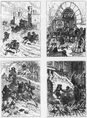 "La librairie à l'Exposition. - Dessins de Daniel Vierge, gravés sur bois, servant a l'illustration de l'Homme qui rit." 書店の展示  ダニエル・ヴィエルジュ画、木版、「笑う男」のイラストレーションより