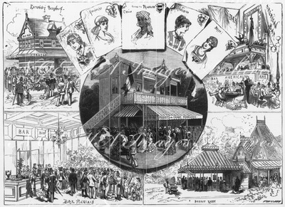 Les débits de boissons au Champ-de-Mars.  Estaminet holandais. - Pavillon des produits des colonies françaises. - Bar anglais et bar américain. - Buffet russe. シャン・ド・マルス会場の飲物売り場  オランダの居酒屋 フランス植民地の産物館 英国式バーとアメリカ式バー ロシアのレストラン