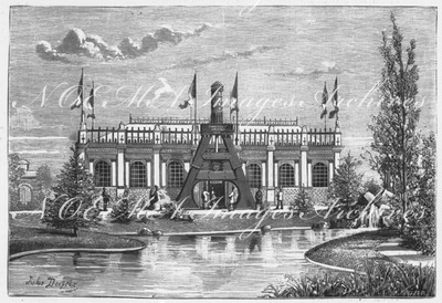 "Vue générale du pavillon du Creusot, dans le parc du Champ-de-Mars." シャン・ド・マルス会場のクルーゾ館の全景