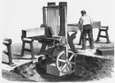 "Scierie verticale alternative pour le dédoublage des bois, construite par M. Arbey." アルベ社製の木を薄く切るための垂直交互機械鋸