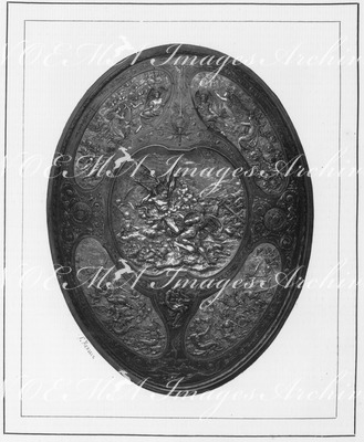 "Bouclier de pèlerin, exposé dans la section anglaise par la maison Elkington. " 巡礼者の楯、エルキントン社による英国展示コーナーの展示品