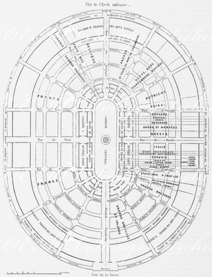 Plan du palais avec les divisions par puissances par rues transversales et par rues concentriques. 各部門、国、横断通路、同心円状通路の記載された展示館の平面図