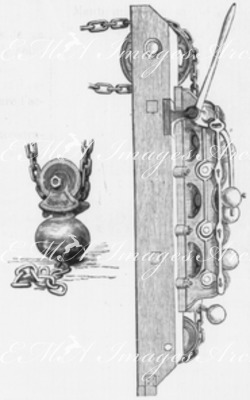 Spécimen d'une installation avec parachutes mobiles agissant sur des chaines fixés servant de guide. ガイド付き固定チェーンに作用する移動式安全つかみ装置の取り付け見本