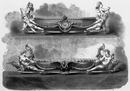"Orfèvrerie : Exposition de M. Christofle. - Surtout de table en bronze doré appartement à S. M. l'Empereur. - 1° Pièce de bout : les Quatre Eléments, sculpture de M. Mathurin Moreau. 2° Pièce du milieu : les Quatre parties du monde, sculpture de M. Meull