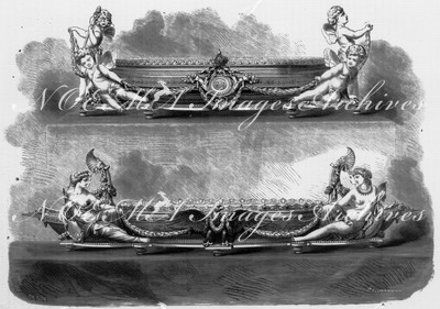 "Orfèvrerie : Exposition de M. Christofle. - Surtout de table en bronze doré appartement à S. M. l'Empereur. - 1° Pièce de bout : les Quatre Eléments, sculpture de M. Mathurin Moreau. 2° Pièce du milieu : les Quatre parties du monde, sculpture de M. Meull