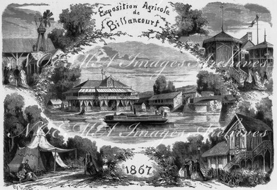 Exposition agricole de Billancourt. - Moulin Thiébaut. - Pavillon météorologique. - Tente sur le champ de manoeuvre. - Pavillon. ビヤンクールの農業展示 ティエボー式風車 気象館 演習場のテント パヴィリオン