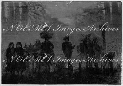 Retour du concours régional par un temps de brouillard. Tableau de M. Jundt. 「霧の中を共進会から帰る」、Jundt画