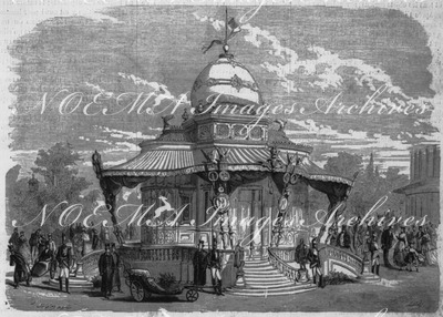 "Pavillon impérial, élevé d'après les plans et projets présentés par MM. Duval Frères, tapissiers, fournisseurs brevetés de S.M.I. （Arrété ministeriel du 5 avril 1866）" 皇帝用パヴィリオン、皇帝御用達室内装飾業者、デュバル兄弟による設計で建てられた（1866年4月5日の省令）