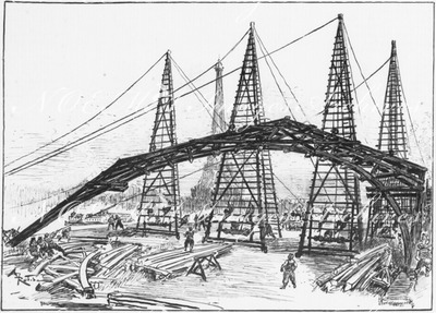 "Le Vieux Paris à l'Exposition.- Levage d'une ferme en vois montée, de vingt-cinq mètres de portée." 1900年博 博覧会の「古いパリ」 － 25メートル長の木製小屋組みの建立