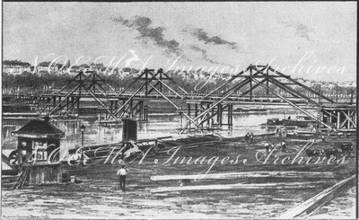 La ligne Courcelles-Champ-de-Mars.Passerelle provisoire sur le grand bras de la Seine.1900年博 クールセル・シャン・ド・マルス線 セーヌ河本流に掛けられた仮の小橋
