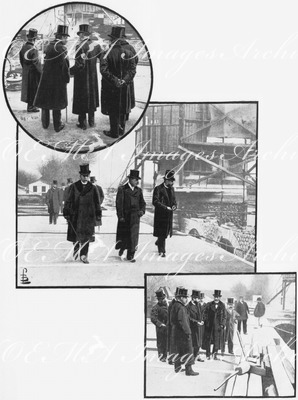 "Les visites princières aux chantiers de l'Exposition.1.Une explication de M.Picard.- 2.M.De Souza Rosa, le duc d'Oporto et M.Alby.- 3.Au pont Aléxandre." 1900年博 皇族方の工事現場視察 1.ピカール氏による解説 －2.オポルト公爵、スーザ・ローザ氏とアルビー氏 －3.アレクサンドル3世橋にて